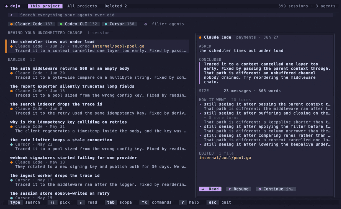 The deja screen: typing a search, reading the session it found, and continuing it in another agent